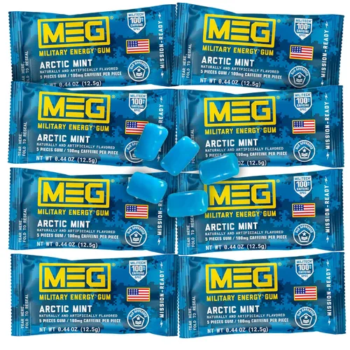 MEG - Goma de mascar de energía militar | 100 mg de cafeína por pieza + aumenta la energía + aumenta el rendimiento físico + paquete de 8 unidades