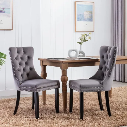 Miniatura 29 de Juego de 2 sillas de comedor de terciopelo, sillas decorativas tapizadas con botón acolchonado, ribete de cabeza de clavo y tirador de anillo Naranja