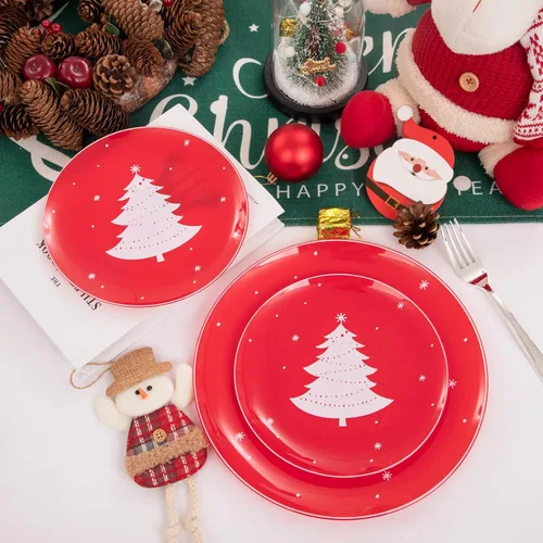 Miniatura 2 de Platos de plástico de Navidad WDF 50 piezas - Platos de plástico rojos y blancos con árbol de Navidad incluyen 25 platos para cena, 25 platos