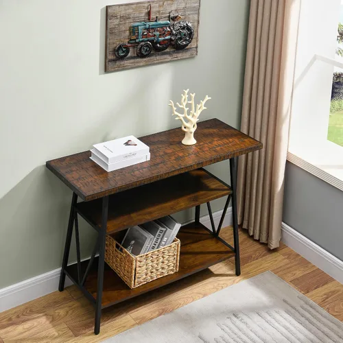 Miniatura 2 de Mesa consola con mesa dentada, mesa de entrada de madera maciza con estante de almacenamiento, mesa de pasillo rústica de 3 niveles, mesa de sofá