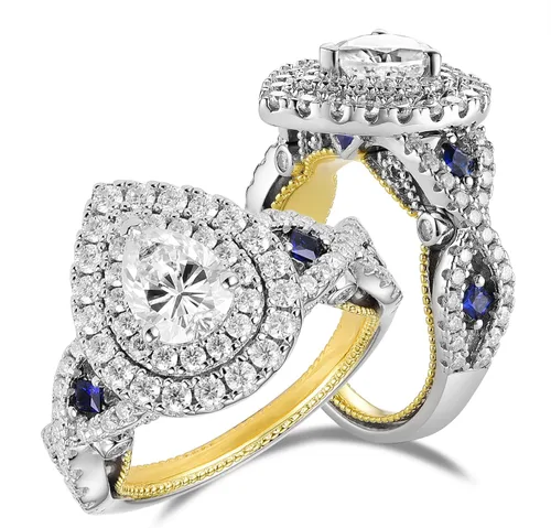 DovEggs Moissanite Engagement Ring for Women 3ctw Total 6x8mm F-G-H Color Pear Cut Vintage Halo Split Shank Wedding Rings Moissanite&Blue Sapphire