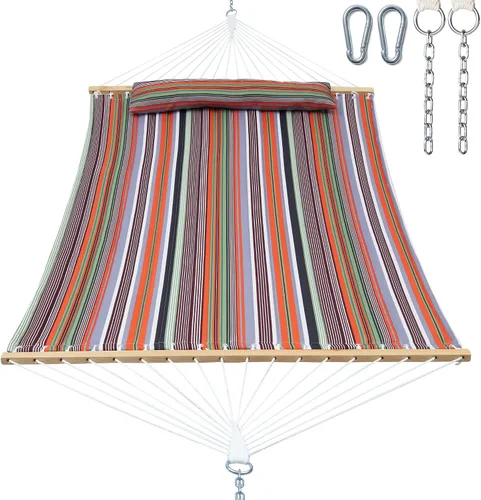 Miniatura 20 de GAFETE Hamaca de tela acolchada para 2 personas para exterior, hamacas dobles de 12 pies con barra separadora, almohada extraíble grande, bolsa