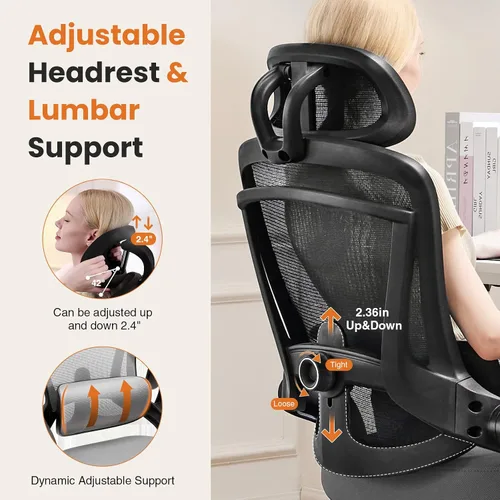 Miniatura 4 de Silla de oficina ergonómica de malla, silla de escritorio de computadora con respaldo alto con reposacabezas ajustable y soporte lumbar, silla Gris