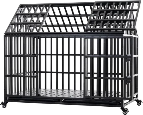 Miniatura 7 de Jaula de perro resistente de 52 pulgadas, jaula grande para perros, perreras y jaulas de metal fuerte para perros grandes con 4 ruedas con cerradura
