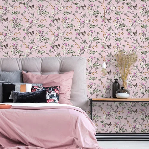 Miniatura 4 de VEELIKE Papel tapiz de estilo chinoiserie rosa con diseño de mariposas para dormitorio, habitación de niñas, 17.7 x 118 pulgadas, papel de contacto