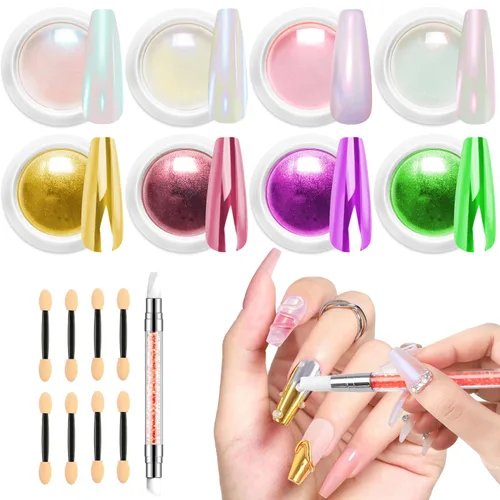 Miniatura 19 de Polvo de uñas cromado y perla, efecto de hadas, polvo de uñas rosa cromado, blanco, perlado aurora, sirena, iridiscente, cromo, polvo, espejo Polvo