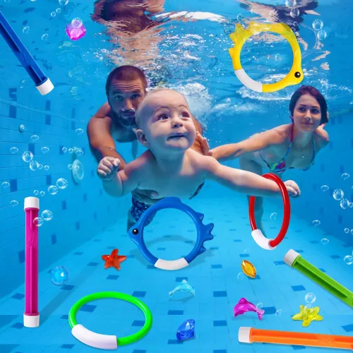 Miniatura 6 de YUJUN 18 piezas de juguetes de buceo y natación para piscina, juegos de verano subacuáticos con peces de piscina, varillas de buceo, anillos, gemas