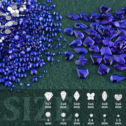 Miniatura 2 de Juego de 8 diamantes de imitación de cristal con parte trasera plana, multiformas y redondas, de cristal AB y azul real, con lápiz recogedor