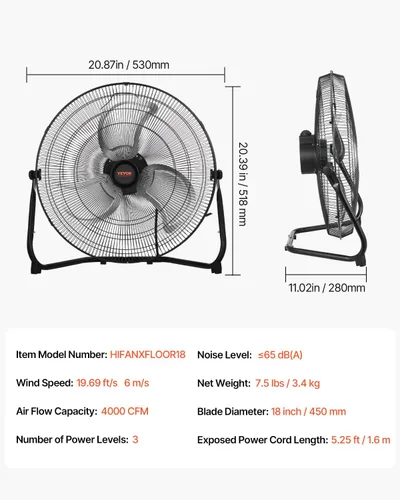 Miniatura 8 de VEVOR Ventilador de Piso, 3 Velocidades Alta Velocidad Trabajo Pesado Ventilador Industrial de 18 Pulgadas, 4000 CFM Inclinación Ajustable 360°