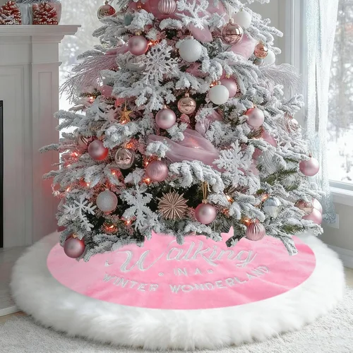 yuboo - Falda de árbol de Navidad rosa de 48 pulgadas, gran alfombra de árbol de Navidad de piel sintética esponjosa con copos de nieve blancos,