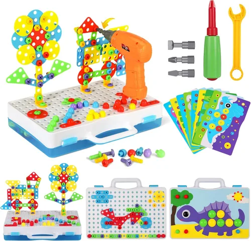 224 juguetes de construcción STEM para niños de 4 a 8 años, juego creativo de taladro de mosaico con taladro eléctrico y destornillador, kit de