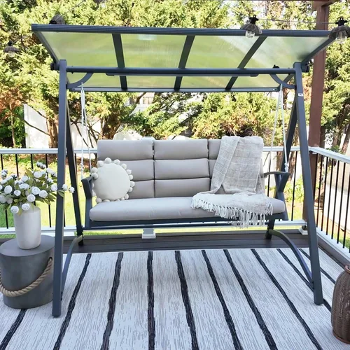Miniatura 15 de PURPLE LEAF Silla Columpio Nube de 2 Asientos con Soporte Banco Deslizante Loveseat de Mimbre para Patio Colgante Balanceante para Interior Exterior