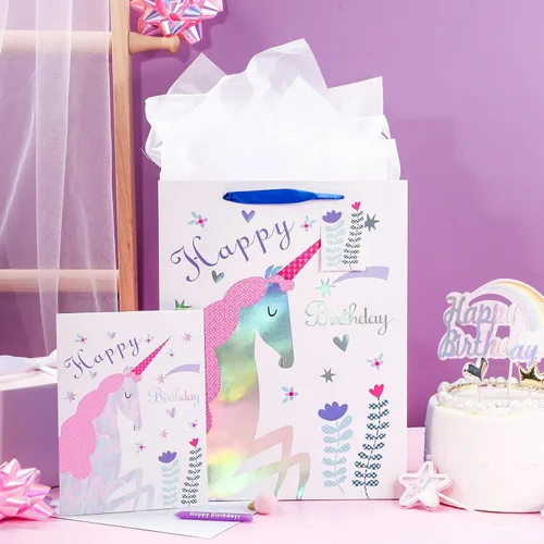 Miniatura 4 de WRAPAHOLIC Bolsa de regalo de cumpleaños grande de 13 pulgadas con tarjeta y papel de seda, adorable unicornio con lámina plateada holográfica