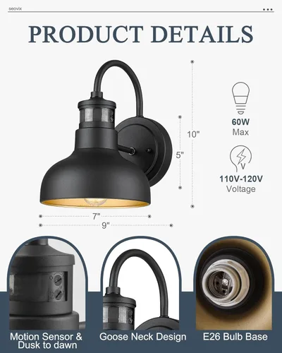 Miniatura 3 de Lámpara de pared para exteriores con sensor de movimiento de 7 pulgadas, IP65, color negro 1 pack black 7-inch barn light with 3 modes, 220-degree