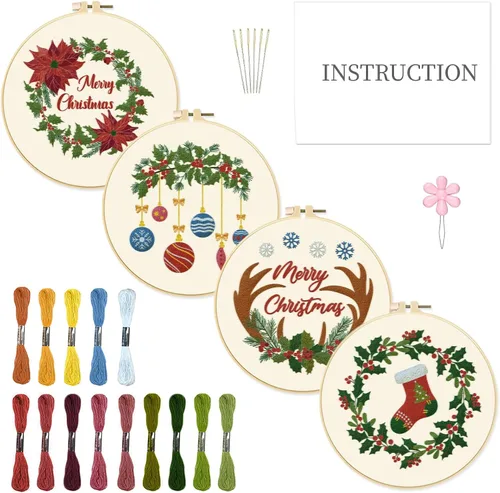Miniatura 13 de INFUNLY Paquete de 4 kits de bordado de copo de nieve, kits de punto de cruz para principiantes y adultos, kit de inicio de punto de aguja de Kit