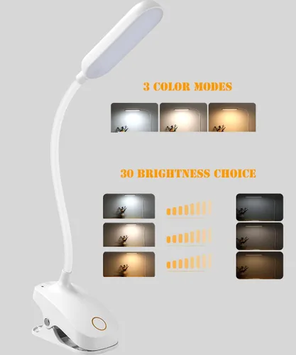 Miniatura 3 de COLORLIFE Lámpara de escritorio con clip, 7 W, 2600 mAh, cuello de cisne flexible, funciona con pilas, lámpara de lectura recargable con abrazadera