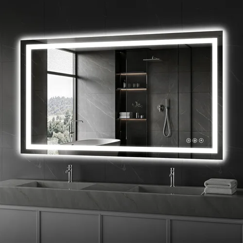 Miniatura 10 de Koonmi Espejo LED de 28 x 20 pulgadas para baño, espejo de tocador antivaho 90CRI con luz delantera y trasera, espejo de pared a prueba de roturas
