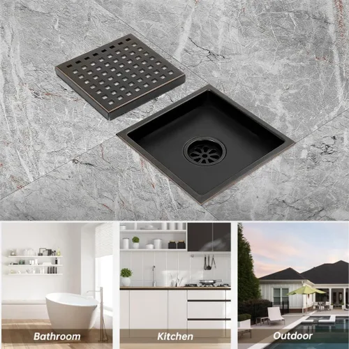 Miniatura 7 de ELLO&ALLO - Drenaje cuadrado de piso para ducha de 6 pulgadas con brida, rejilla extraíble de patrón cuadrado, acero inoxidable SUS 304 en bronce