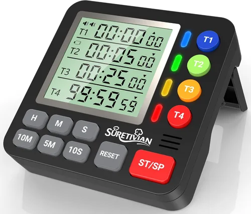 Temporizador digital de cocina para cocinar, temporizador de cuenta regresiva de 4 canales con alarma fuerte y modo silencioso, pantalla grande,