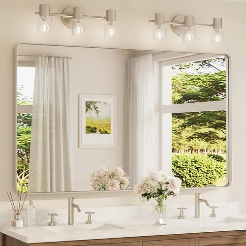Miniatura 21 de TETOTE Espejo de marco dorado cepillado de 16 x 24 pulgadas, espejo de tocador de baño de latón dorado para pared, espejo enmarcado rectangular