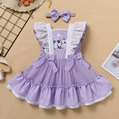 Miniatura 4 de Vestido de princesa a cuadros para bebé, sin mangas, vintage, de encaje, a cuadros, vestido de princesa acampanado con diadema
