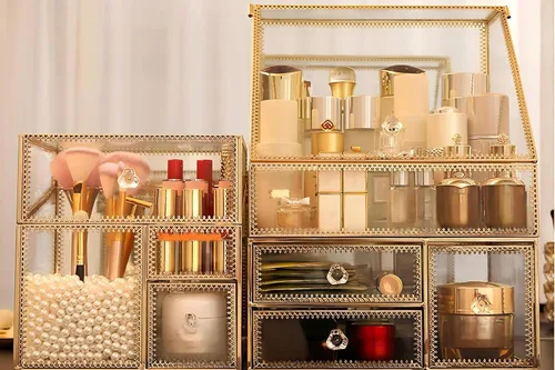 Miniatura 2 de Organizador de maquillaje de vidrio grande con cajón, juego de almacenamiento de belleza, organizador de mostrador de baño, exhibición de cosméticos