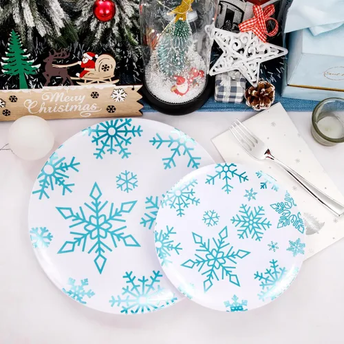 Miniatura 6 de WDF Juego de 175 piezas de platos y servilletas navideños desechables para 25 invitados, platos blancos y azules con cubiertos, vasos con copos