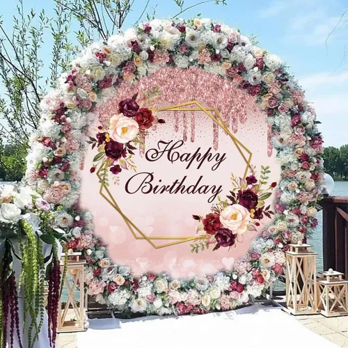 Miniatura 4 de Fondo redondo de feliz cumpleaños de 7.5 x 7.5 pies, fondo de fotos de color burdeos, color oro rosa, para mujeres, damas, niñas, 16, 30, 40, 50