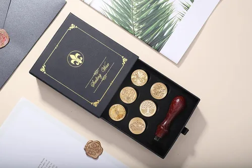 Miniatura 3 de Juego de caja de regalo de sellos de cera, 6 sellos de cera de sellado, sellos de cobre, 1 empuñadura de madera, kit de sellos de cera para sobres