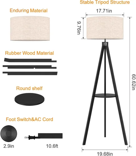 Miniatura 7 de LEPOWER Lámpara de pie de trípode, lámpara de pie de madera de mediados de siglo, lámpara de pie con estante de diseño moderno para sala de estar