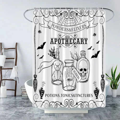 Miniatura 3 de Cortina de ducha espeluznante de Halloween, alquimia negra, bruja del mundo mágico, calabaza, brujería, calavera de terror, fantasmas espeluznantes