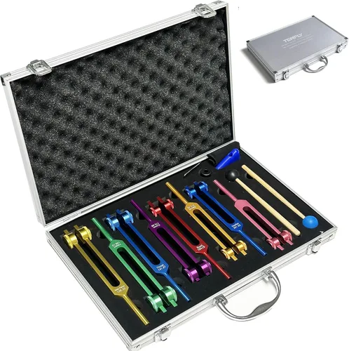Juego de diapasones Chakra para curación, 7 chakras + 1 diapasón con peso de propósito de alma con exquisita caja de regalo de aluminio, multicolor