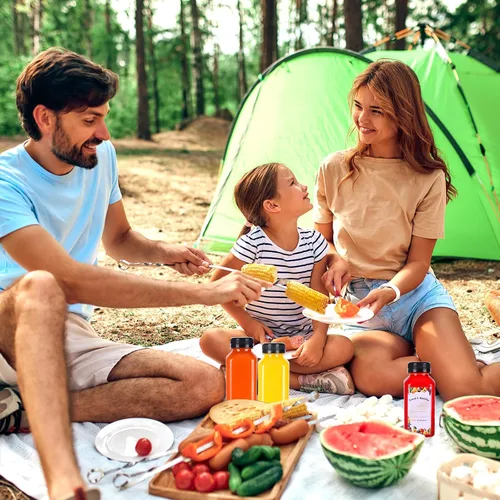 Miniatura 7 de Moretoes 12 botellas de plástico para jugo de 8 onzas con tapas, botellas de agua reutilizables vacías transparentes, recipientes desechables