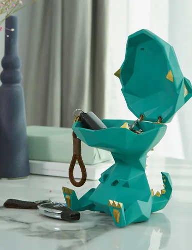 Miniatura 3 de HAUCOZE Estatua de dinosaurio plato para caramelos, cuenco para llaves, regalos de dinosaurio, escultura moderna, accesorios de decoración del Verde