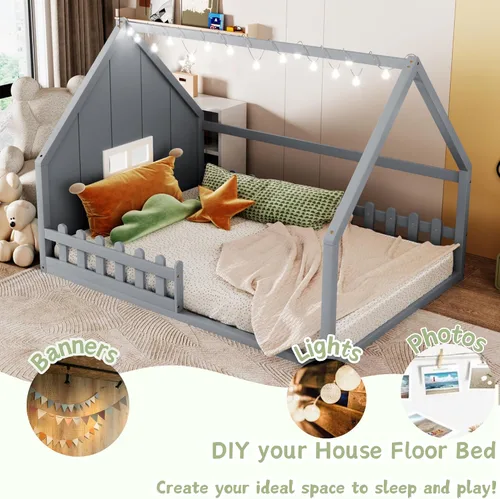 Miniatura 3 de Bellemave Cama de casa tamaño matrimonial, cama de piso de madera para niños, cama Montessori con barandillas y listones para niños y niñas, altura