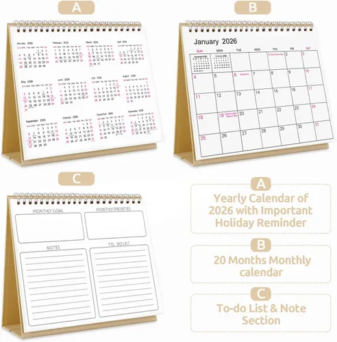 Miniatura 3 de SKYDUE Calendario de escritorio pequeño 2026-2027, de abril de 2026 a diciembre de 2027, calendario de escritorio pequeño de 21 meses con Papel kraft