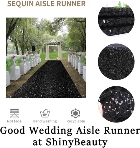 Miniatura 5 de ShinyBeauty Pasillo de Lentejuelas Negras Brillantes de 2 pies x 15 pies Alfombra Brillante para Bodas, Graduaciones, Fiestas, Alfombra Negra