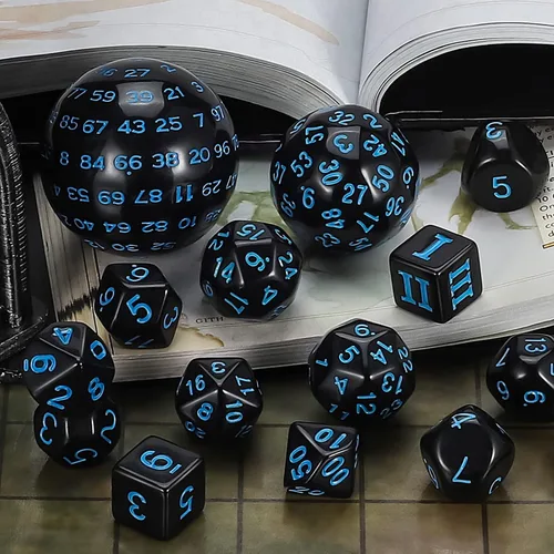 Miniatura 6 de CiaraQ DND - Juego de dados poliédricos (15 piezas) D4-D100 con bolsa de dados para juegos de mesa de rol de Calabozos y Dragones (negro y azul)