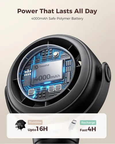 Miniatura 4 de SWEETFULL Ventilador para cochecito de bebé, 4000 mAh, recargable, silencioso de 4 velocidades, con pantalla LED y luz nocturna, mini ventilador