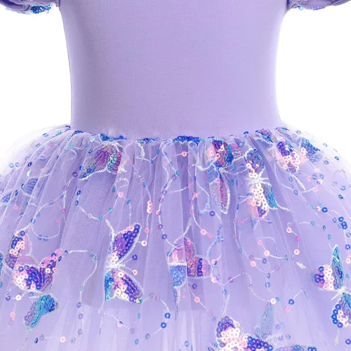 Miniatura 4 de Leotardos de ballet para niñas, 4 colores, mariposa, lentejuelas brillantes, vestido tutú de baile, manga abombada, ojo de cerradura en la espalda