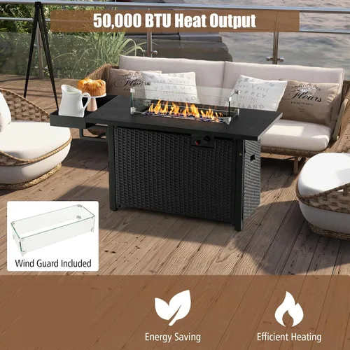 Miniatura 7 de Tangkula Mesa para fogata de propano para patio, fogata de gas de mimbre de 52 pulgadas con protector contra el viento y estante extendido, salida