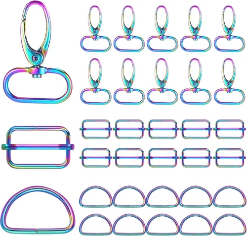 Tudomro 30 piezas de gancho giratorio de arco iris, 10 piezas de gancho giratorio para llavero, 10 anillos en D y 10 hebillas deslizantes Tri Glide