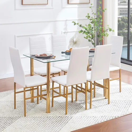 Miniatura 13 de Juego de mesa y silla de comedor de 7 piezas, juego de mesa de comedor para 6 mesas de cocina con 6 sillas, mesa rectangular de vidrio con 6 sillas