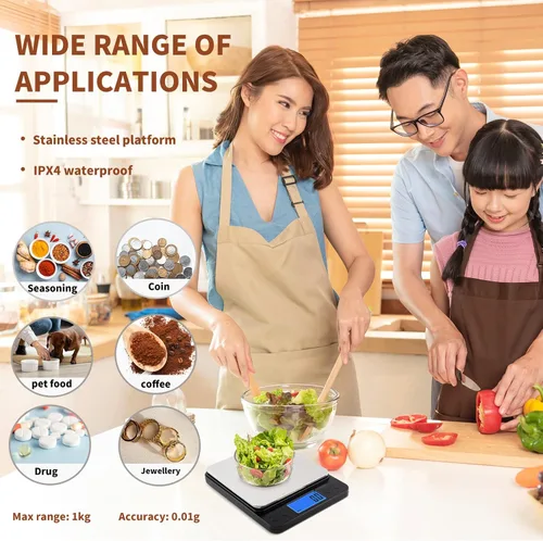 Miniatura 6 de Pequeña báscula digital de gramos 1000g por 0.01g, báscula de alta precisión MEIYA para onzas y gramos de alimentos, actualización de carga USB Negro