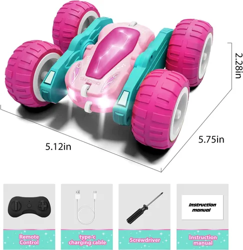 Miniatura 7 de Tecnock - Auto a control remoto rosa para niñas y niños, autos RC de 2.4GHz con carga fácil USB-C, 4WD de doble cara que gira 360° y hace