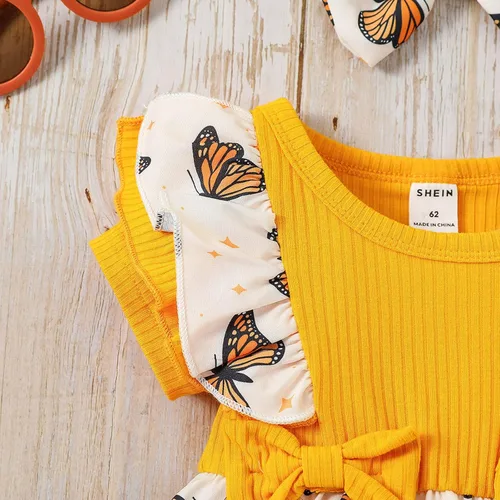 Miniatura 4 de Conjunto de 2 piezas de ropa de verano para bebé recién nacida, manga corta, estampado de mariposas, con tirantes acanalados, diadema