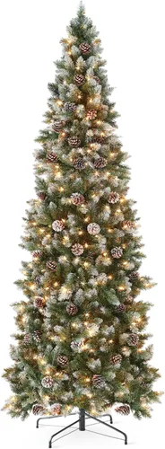 Best Choice Products Árbol de Navidad artificial de 7.5 pies con bisagras de pino preiluminado, parcialmente flocado y escarchado, decoración