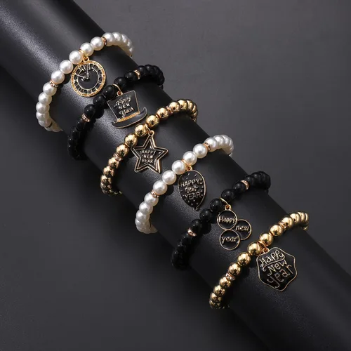 Miniatura 3 de PHALIN Pulseras de feliz año nuevo para mujer, pulseras elásticas con cuentas de perlas CCB, pulsera brillante con dije de estrellas, pulsera de Año