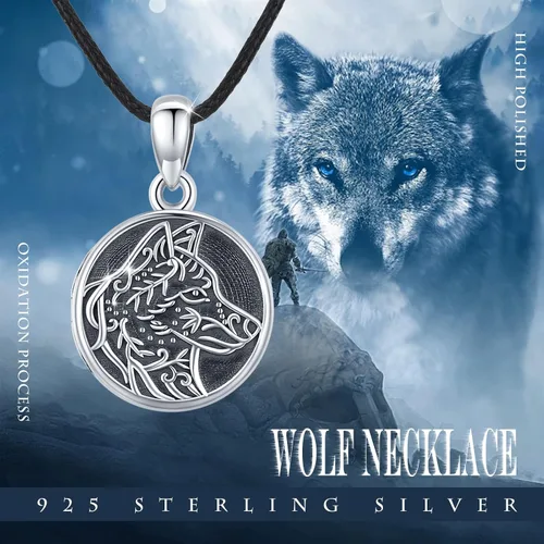 Miniatura 2 de MEDWISE Collar con medallón vikingo Volf que sostiene fotos de plata oxidada, collar de medallón de fotos de plata oxidada, collar de lobo, regalo