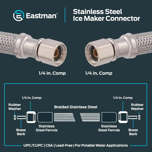 Miniatura 6 de Eastman Conector flexible para máquina de hielo de 20 pies, conexión de compresión de 1/4 pulgadas x 1/4 pulgadas, acero inoxidable trenzado